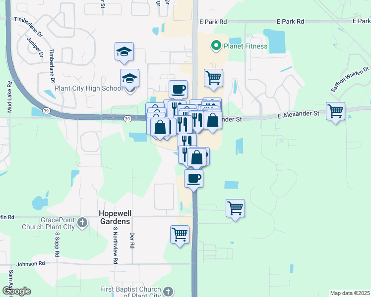 map of restaurants, bars, coffee shops, grocery stores, and more near 2603 James L Redman Parkway in Plant City