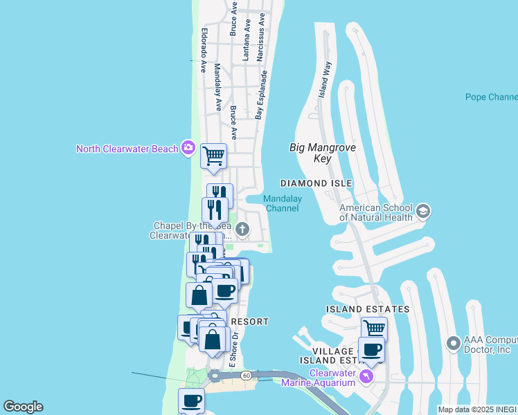 map of restaurants, bars, coffee shops, grocery stores, and more near 625 Bay Esplanade in Clearwater