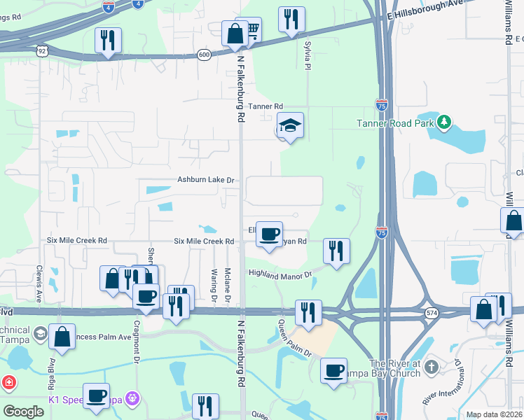 map of restaurants, bars, coffee shops, grocery stores, and more near 10128 Hawk Storm Avenue in Tampa