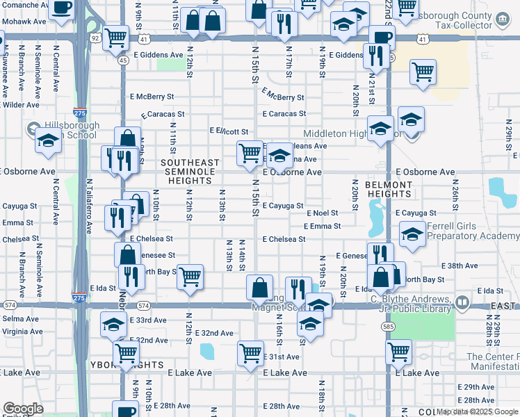 map of restaurants, bars, coffee shops, grocery stores, and more near 4506 North 15th Street in Tampa