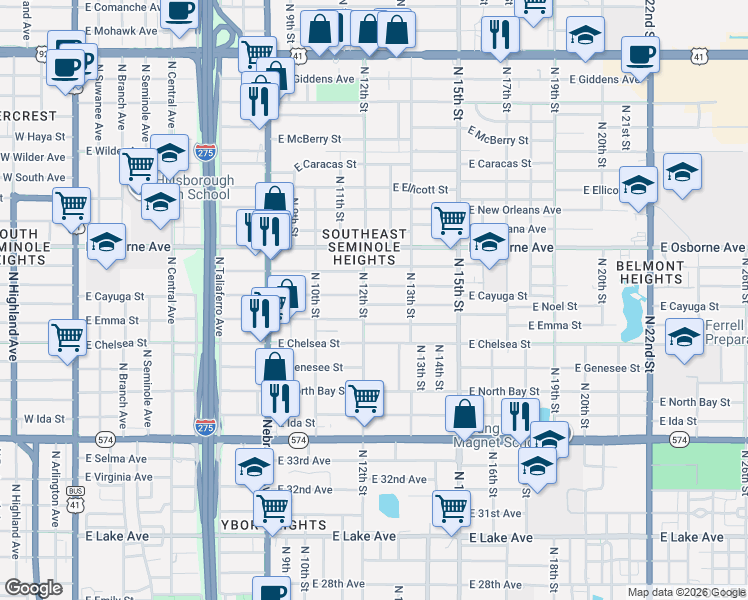 map of restaurants, bars, coffee shops, grocery stores, and more near 1213 East Palifox Street in Tampa
