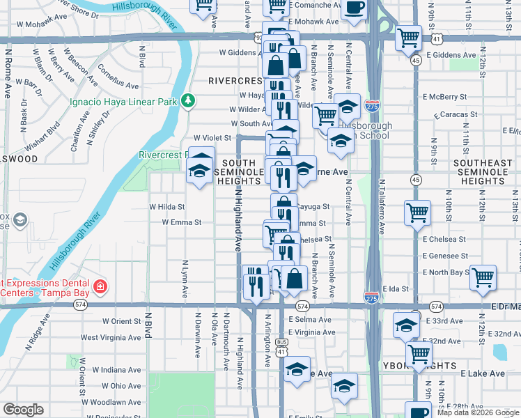 map of restaurants, bars, coffee shops, grocery stores, and more near 202 West Hilda Street in Tampa