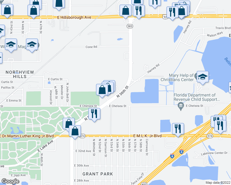 map of restaurants, bars, coffee shops, grocery stores, and more near 4524 North 56th Street in Tampa