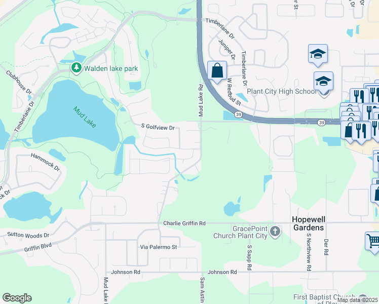 map of restaurants, bars, coffee shops, grocery stores, and more near 1505 Paddock Drive in Plant City