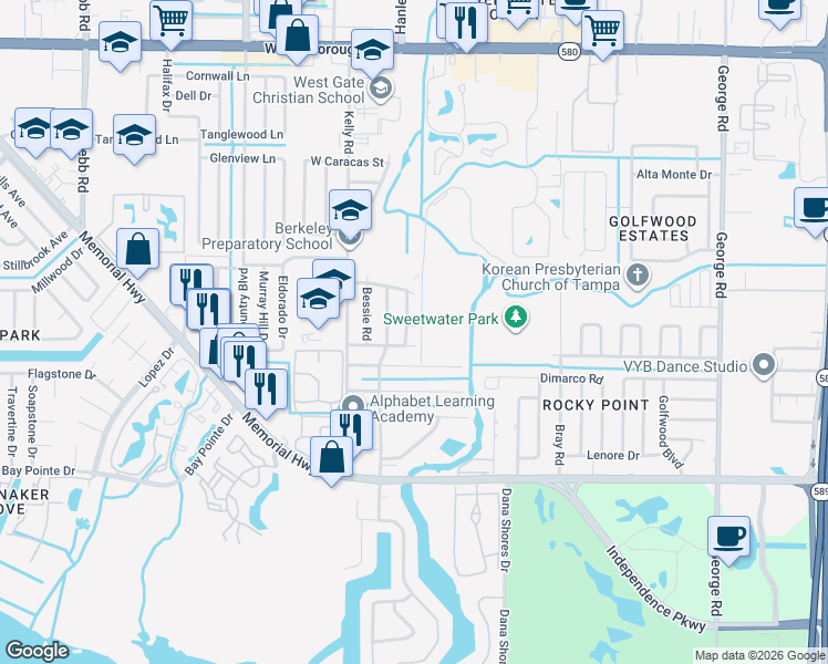 map of restaurants, bars, coffee shops, grocery stores, and more near 7326 Sheffield Road in Tampa