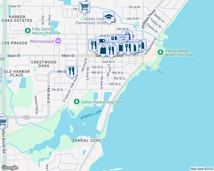 map of restaurants, bars, coffee shops, grocery stores, and more near 601 6th Avenue South in Safety Harbor