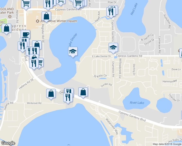 map of restaurants, bars, coffee shops, grocery stores, and more near 64 St Kitts Cir in Winter Haven