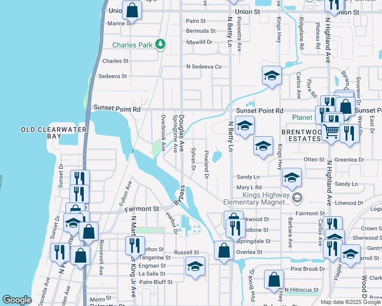 map of restaurants, bars, coffee shops, grocery stores, and more near 1818 Sylvan Drive in Clearwater