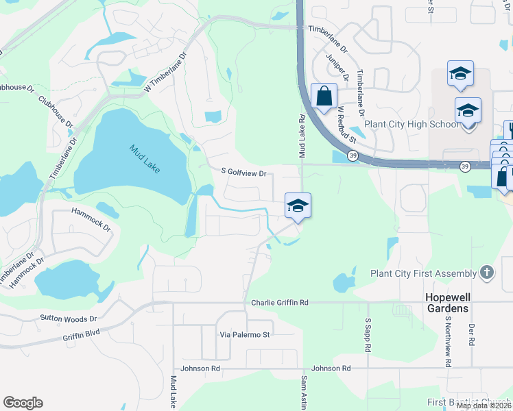 map of restaurants, bars, coffee shops, grocery stores, and more near 1605 Paddock Drive in Plant City