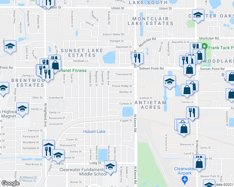 map of restaurants, bars, coffee shops, grocery stores, and more near 1731 Bentley Street in Clearwater