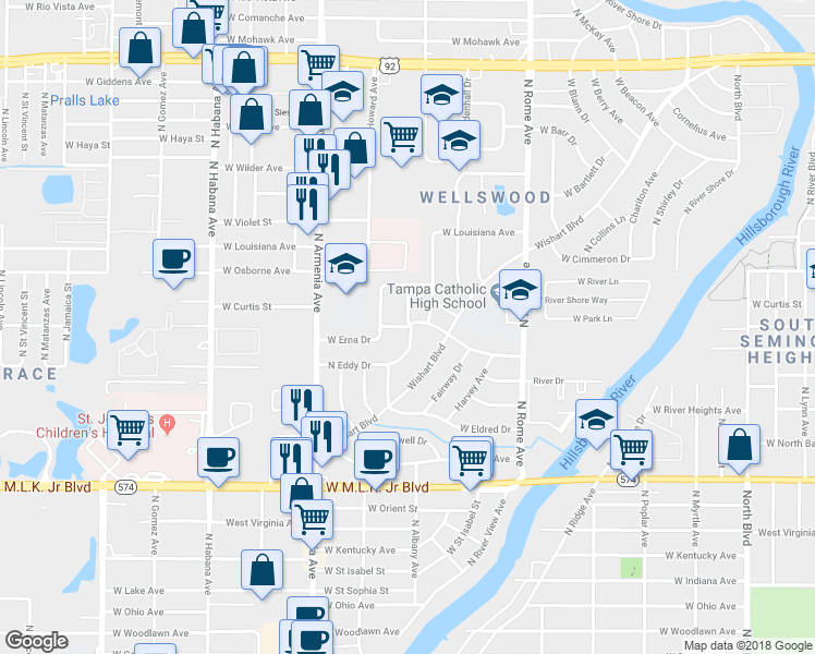 map of restaurants, bars, coffee shops, grocery stores, and more near 1909 West Erna Drive in Tampa