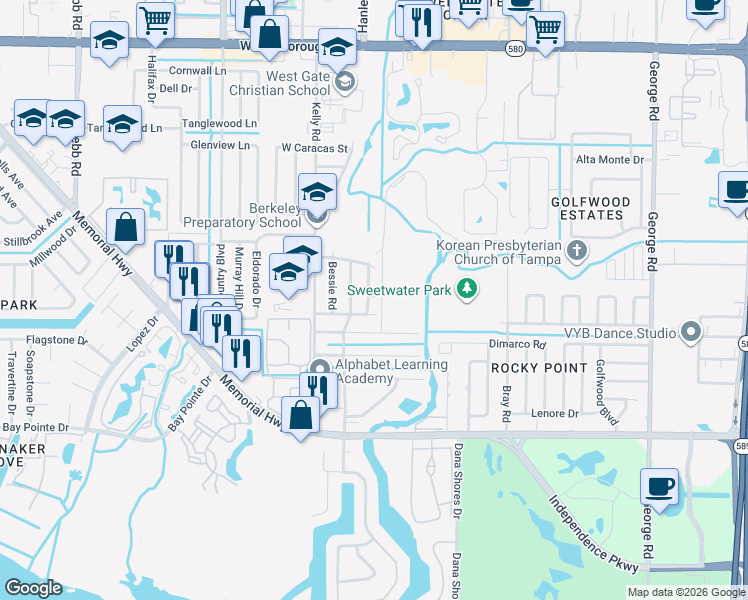 map of restaurants, bars, coffee shops, grocery stores, and more near 7326 Sheffield Road in Tampa