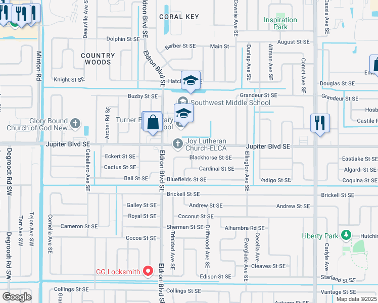 map of restaurants, bars, coffee shops, grocery stores, and more near 528 Anastasia Avenue Southeast in Palm Bay