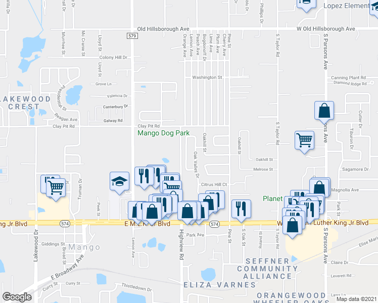 map of restaurants, bars, coffee shops, grocery stores, and more near 1224 Oak Valley Drive in Seffner