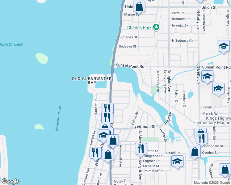 map of restaurants, bars, coffee shops, grocery stores, and more near 1009 Calumet Street in Clearwater