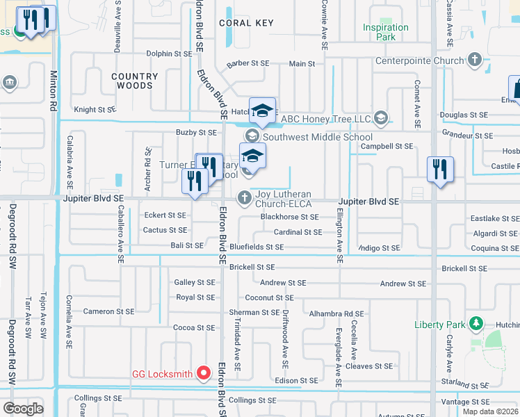 map of restaurants, bars, coffee shops, grocery stores, and more near 528 Anastasia Avenue Southeast in Palm Bay