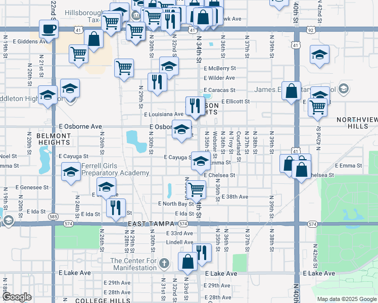map of restaurants, bars, coffee shops, grocery stores, and more near 3224 East Cayuga Street in Tampa
