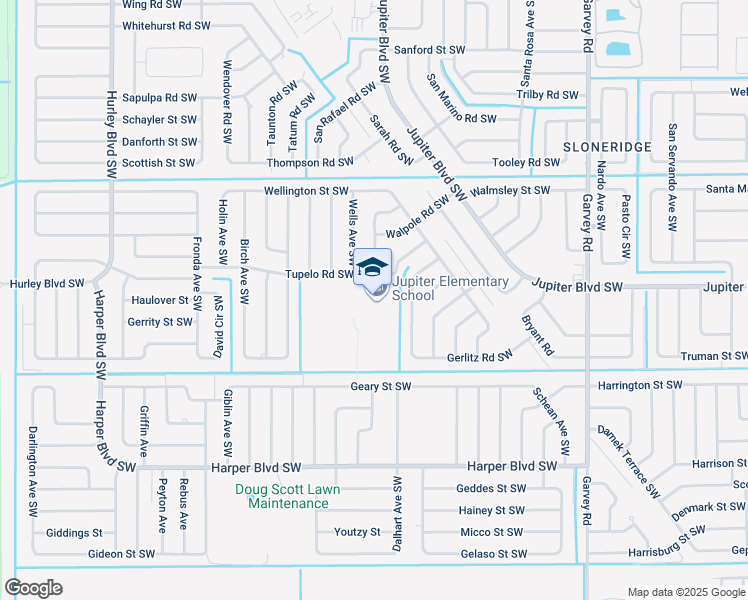 map of restaurants, bars, coffee shops, grocery stores, and more near 950 Tupelo Road Southwest in Palm Bay