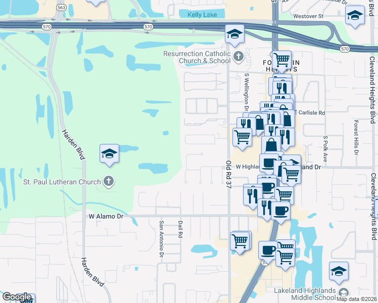map of restaurants, bars, coffee shops, grocery stores, and more near 562 Northride Trail in Lakeland