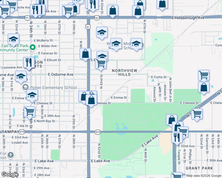 map of restaurants, bars, coffee shops, grocery stores, and more near 4210 East Cayuga Street in Tampa