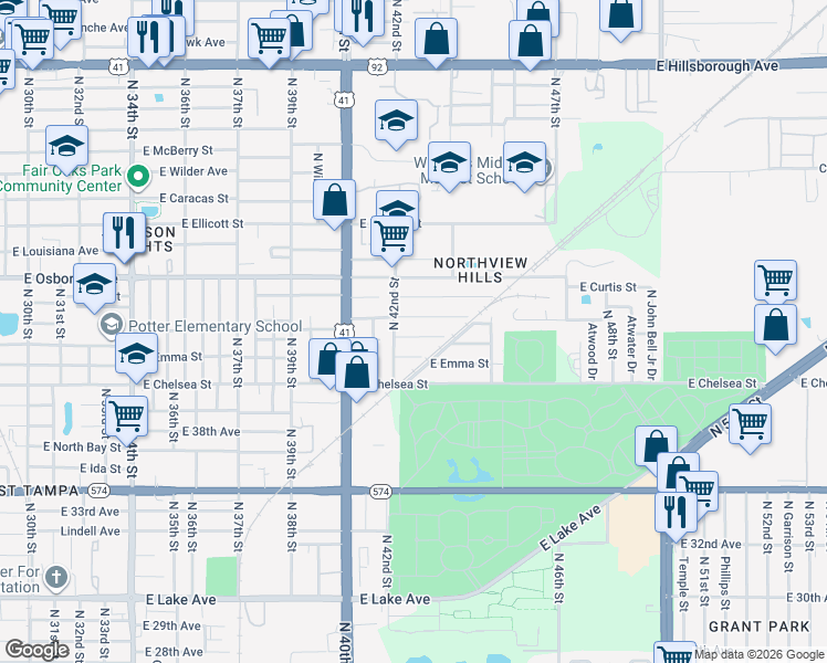map of restaurants, bars, coffee shops, grocery stores, and more near 4210 East Cayuga Street in Tampa