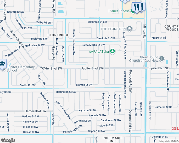 map of restaurants, bars, coffee shops, grocery stores, and more near 517 Whitehall Avenue Southwest in Palm Bay