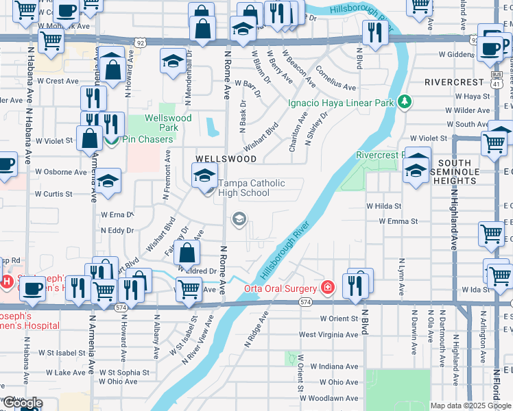 map of restaurants, bars, coffee shops, grocery stores, and more near 1532 West Park Lane in Tampa