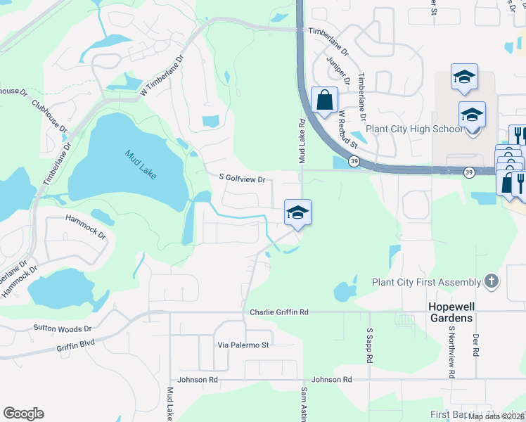 map of restaurants, bars, coffee shops, grocery stores, and more near 1605 Paddock Drive in Plant City