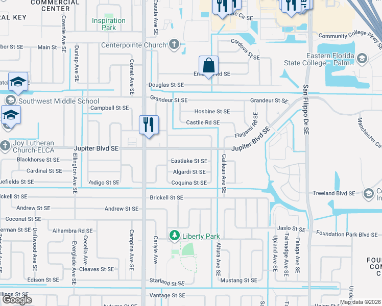 map of restaurants, bars, coffee shops, grocery stores, and more near 3660 Jupiter Boulevard Southeast in Palm Bay
