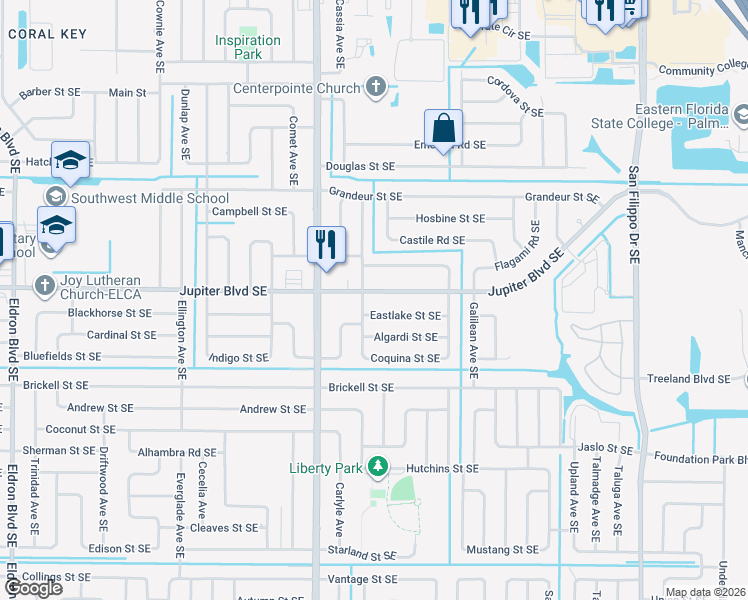 map of restaurants, bars, coffee shops, grocery stores, and more near 3604 Jupiter Boulevard Southeast in Palm Bay