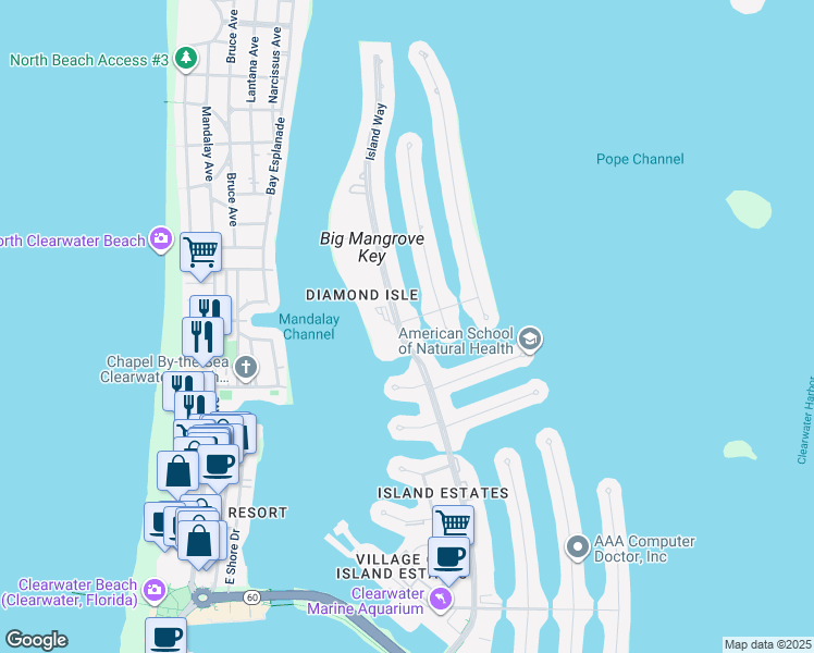 map of restaurants, bars, coffee shops, grocery stores, and more near 631 Island Way in Clearwater