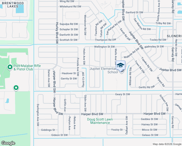 map of restaurants, bars, coffee shops, grocery stores, and more near 527 Birch Avenue Southwest in Palm Bay