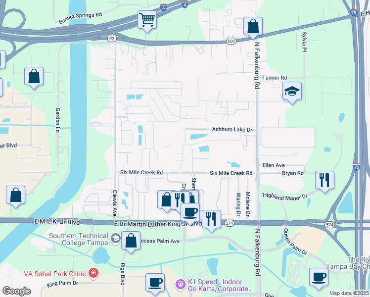 map of restaurants, bars, coffee shops, grocery stores, and more near 4447 Ashburn Square Drive in Tampa