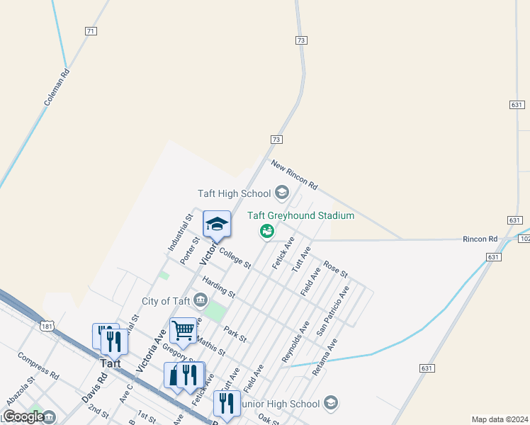 map of restaurants, bars, coffee shops, grocery stores, and more near 400 College Street in Taft