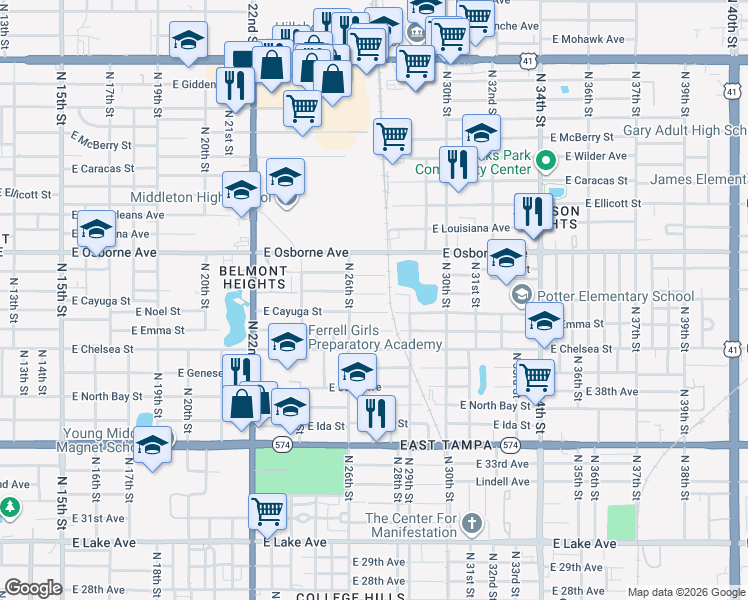 map of restaurants, bars, coffee shops, grocery stores, and more near 2613 East Palifox Street in Tampa
