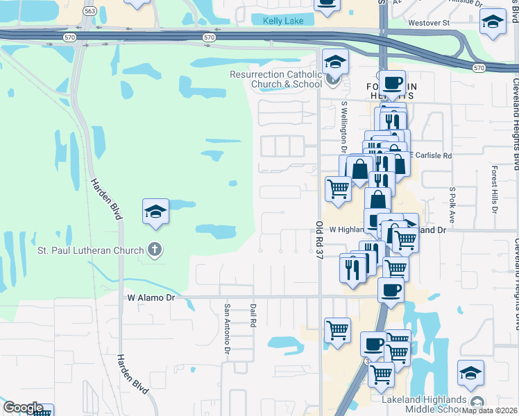 map of restaurants, bars, coffee shops, grocery stores, and more near 562 Northride Trail in Lakeland