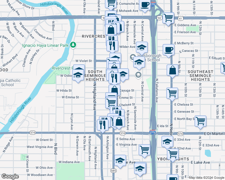 map of restaurants, bars, coffee shops, grocery stores, and more near 4612 Florida 685 in Tampa