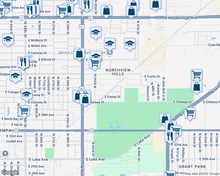 map of restaurants, bars, coffee shops, grocery stores, and more near 4226 East Cayuga Street in Tampa
