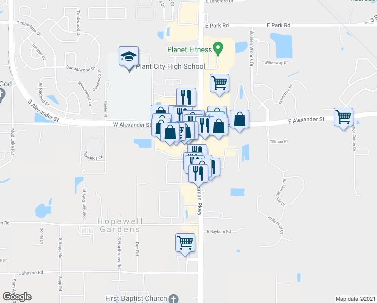 map of restaurants, bars, coffee shops, grocery stores, and more near 2603 James L Redman Parkway in Plant City