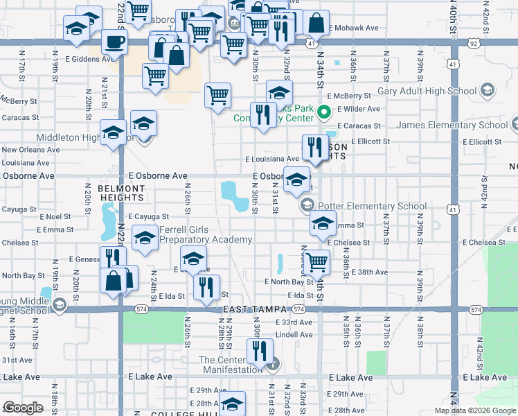map of restaurants, bars, coffee shops, grocery stores, and more near 4601 North 30th Street in Tampa