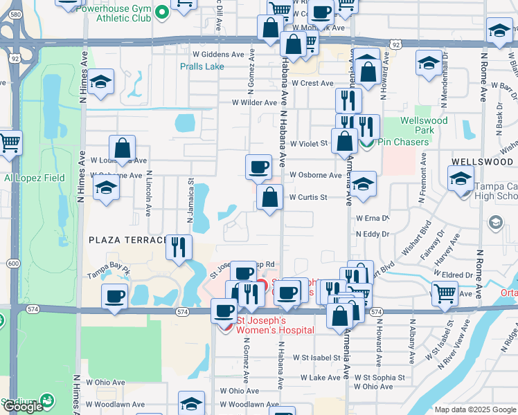 map of restaurants, bars, coffee shops, grocery stores, and more near 18 Woodhaven Apartments Road in Tampa