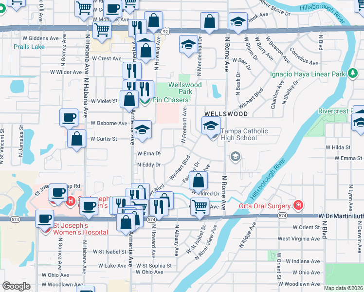 map of restaurants, bars, coffee shops, grocery stores, and more near 1808 West Erna Drive in Tampa