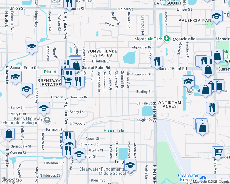map of restaurants, bars, coffee shops, grocery stores, and more near 1810 Ridgeway Drive in Clearwater