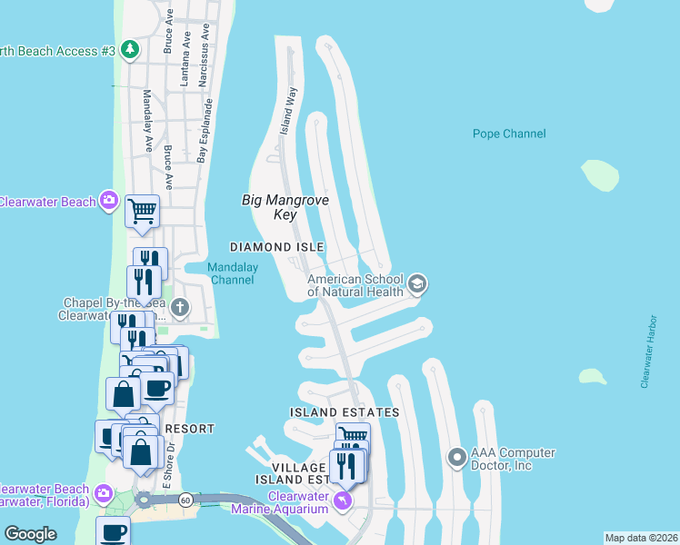 map of restaurants, bars, coffee shops, grocery stores, and more near 624 Snug Island in Clearwater