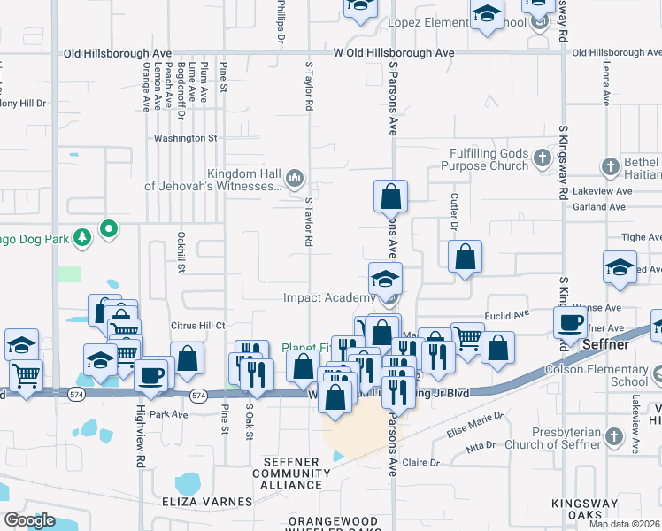map of restaurants, bars, coffee shops, grocery stores, and more near 902 2 Houses Lane in Seffner