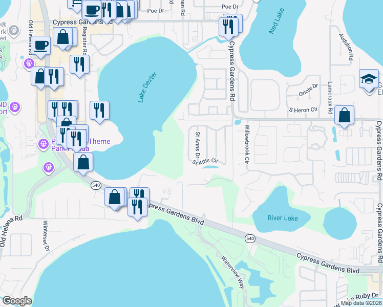 map of restaurants, bars, coffee shops, grocery stores, and more near 61 Saint Kitts Circle in Winter Haven