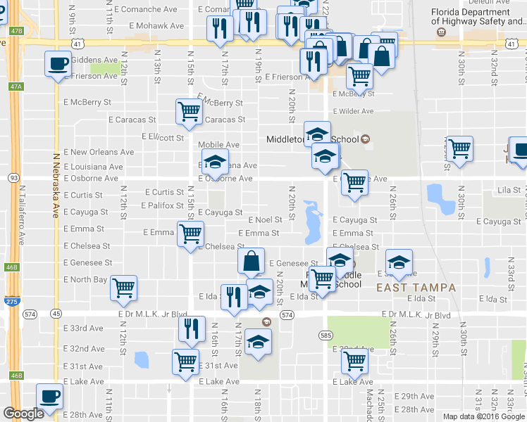 map of restaurants, bars, coffee shops, grocery stores, and more near 4509 North 19th Street in Tampa