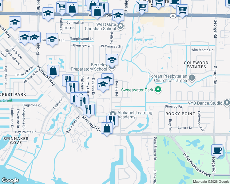 map of restaurants, bars, coffee shops, grocery stores, and more near 4708 Bessie Road in Tampa