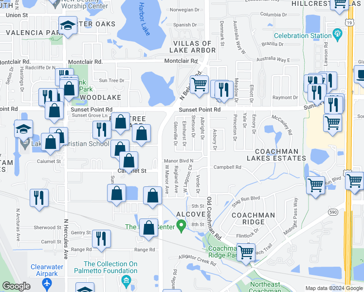 map of restaurants, bars, coffee shops, grocery stores, and more near 1816 Elmhurst Drive in Clearwater