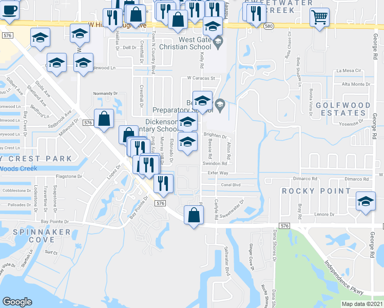 map of restaurants, bars, coffee shops, grocery stores, and more near 4546 Kelly Road in Tampa